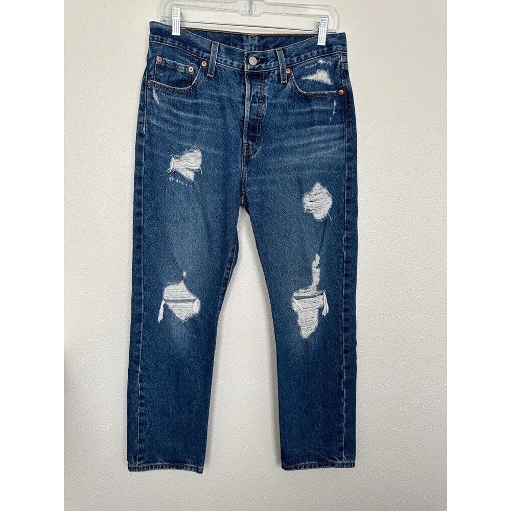 Levi's 501 Button Fly High Rise Distressed Medium Wash Blue Jeans Waist 29 29x28